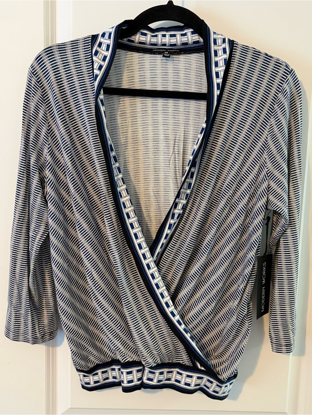 Modern Works Navy & White Wrap-Front buttery soft top